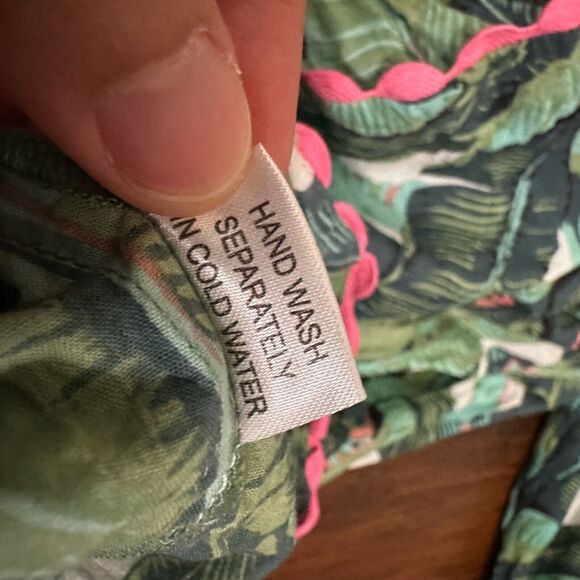 NWOT MARY MARSHMALLOW Tiered Mini Dress Henley in Green Palm Print - Picture 9 of 11